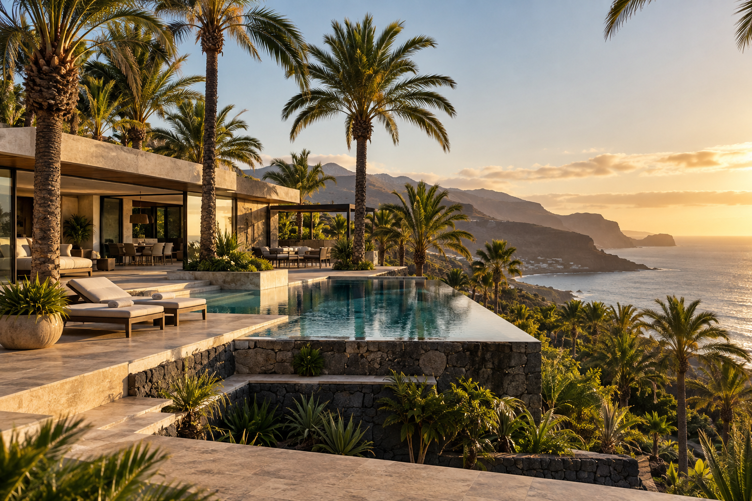 Luxury villa surrounded by palm trees in the Canary Islands