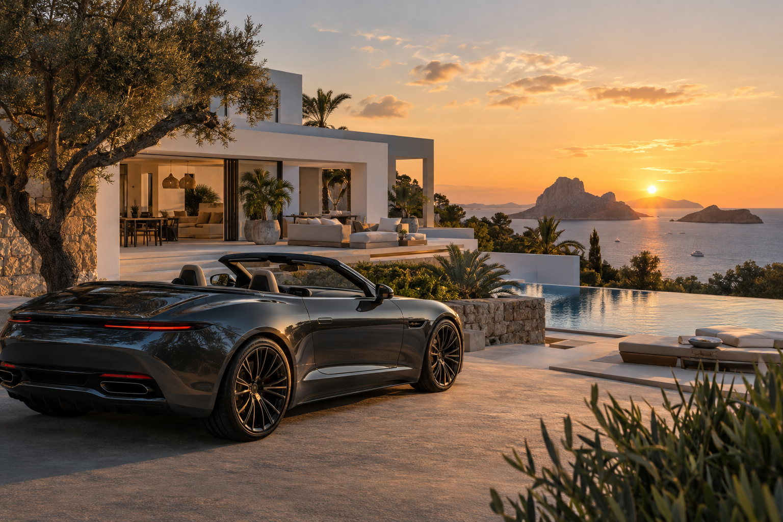 Luxury Ibiza villa with a convertible by the pool