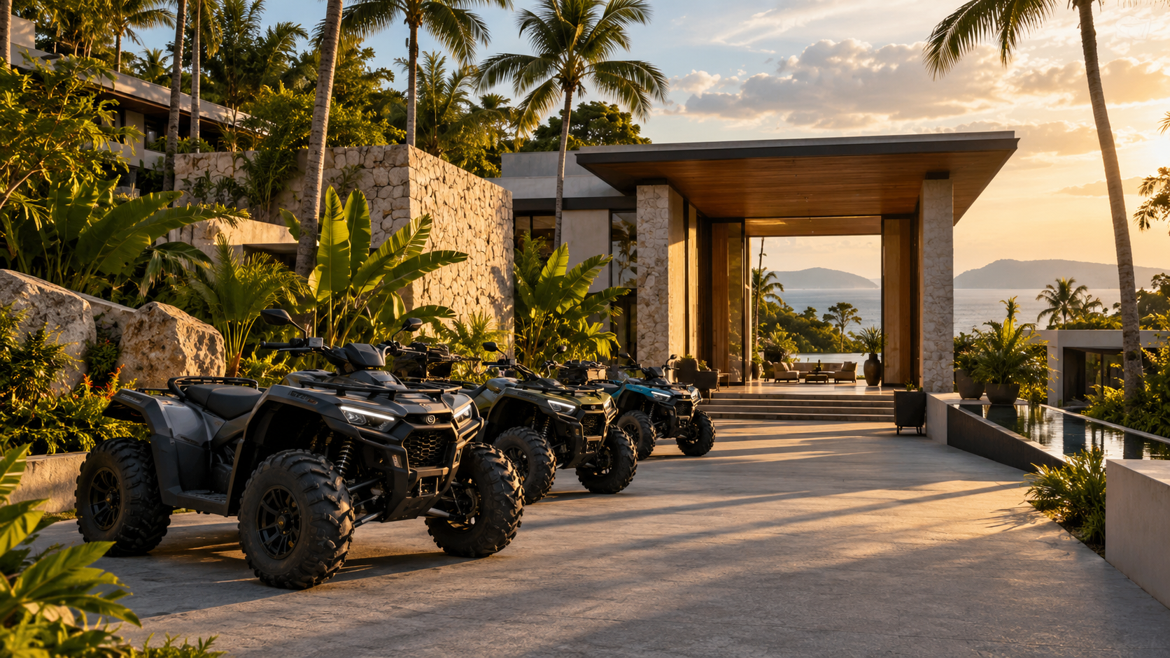 Luxury villa in Thailand with quad bikes at the entrance